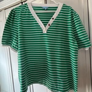 Draper James Green and White Striped V-Neck Top